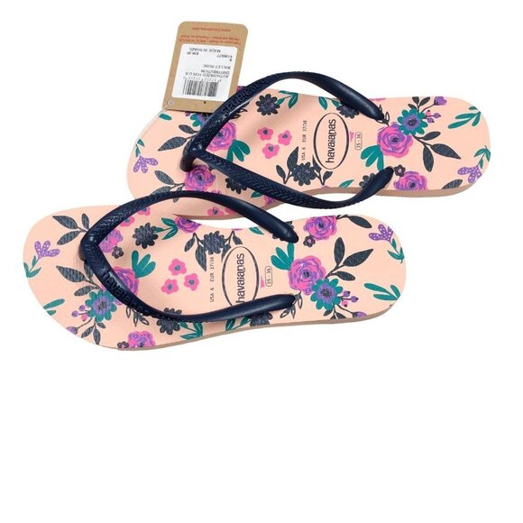 HAVAIANAS‎ FLORAL NAVY/PINK FLIP FLOPS SIZE 6 NEW WITH TAG - Picture 1 of 14